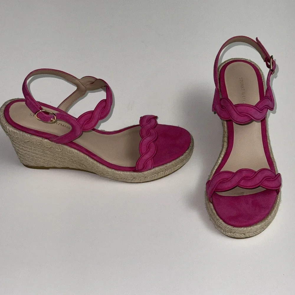 Stuart Weitzman Espadrille wedge suede sandals Twist Buckle Pink Women's 6.5